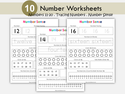 Number Worksheets for Preschool, Tracing Numbers for Kids, Numbers 11-20, Number of the Day, PreK Printable, Kindergarten Math, Number Sense, WWF238