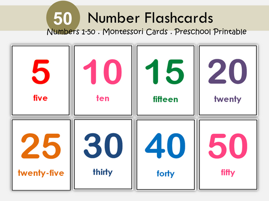 Numbers Flash Cards for Pre K, Number Flashcards for ESL Printable, Number Cards 1-50, Montessori Flash Cards, Instant Download, WWF239