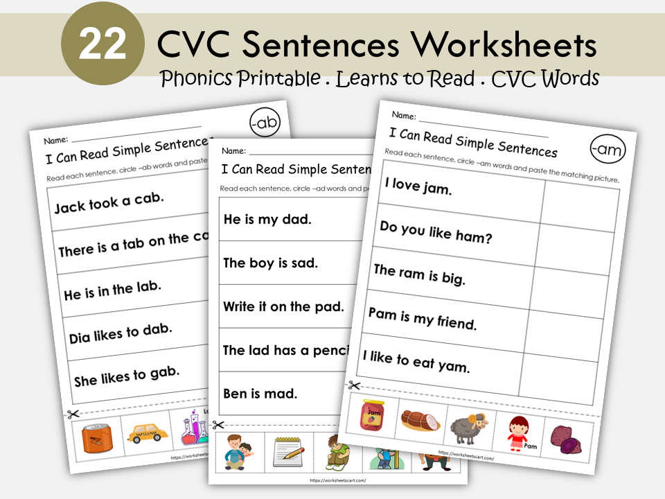 CVC Words, CVC Sentences Worksheets, Reading Simple CVC Sentences, Phonics Book, Kindergarten Activity, First Grade Resources, Homeschool, WWF241