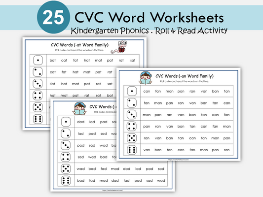 CVC Worksheets, CVC Words, CVC Phonics Activity Book for Kids, Learn to Read, Kindergarten Reading, Word Families, Roll & Read, Grade 1, WWF243