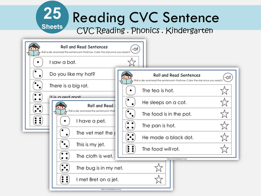 Phonics CVC Words Printable for Kindergarten, CVC Sentences Worksheets, Roll & Read Activity, CVC Word Families Reading Printables, WWF244