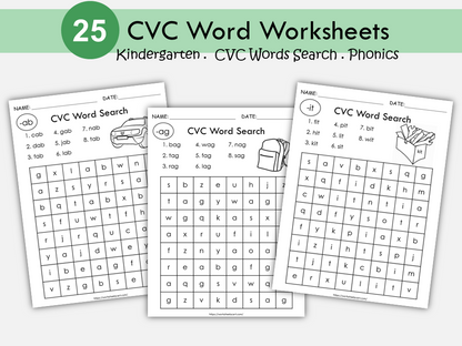 CVC Words Phonics Worksheets, CVC Words Search, CVC Words Family, 3 Letters Word Reading, Kindergarten Phonics, Instant Download, WWF246