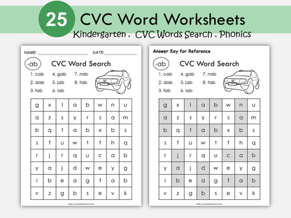 CVC Words Phonics Worksheets, CVC Words Search, CVC Words Family, 3 Letters Word Reading, Kindergarten Phonics, Instant Download, WWF246