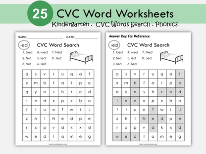 CVC Words Phonics Worksheets, CVC Words Search, CVC Words Family, 3 Letters Word Reading, Kindergarten Phonics, Instant Download, WWF246