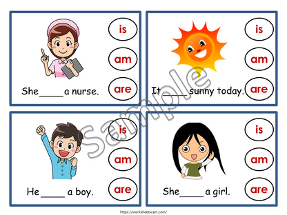 Verb To Be (is, am, are), Choose the Correct Verb Clip Cards, Being Verbs, Kindergarten Reading Sentences, Toddlers Printable Worksheets, WWF247