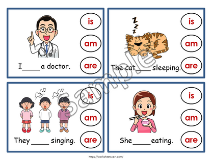 Verb To Be (is, am, are), Choose the Correct Verb Clip Cards, Being Verbs, Kindergarten Reading Sentences, Toddlers Printable Worksheets, WWF247