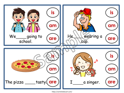 Verb To Be (is, am, are), Choose the Correct Verb Clip Cards, Being Verbs, Kindergarten Reading Sentences, Toddlers Printable Worksheets, WWF247