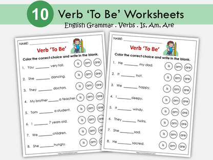 Verb To Be (is, am, are) Worksheets, Being Verb Printable, Kindergarten, Grade 1, Curriculum, Subject Verb Agreement, Grammar, Homeschool, WWF248