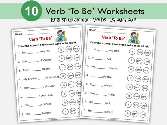 Verb To Be (is, am, are) Worksheets, Being Verb Printable, Kindergarten, Grade 1, Curriculum, Subject Verb Agreement, Grammar, Homeschool, WWF248