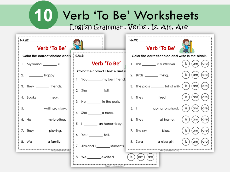 Verb To Be (is, am, are) Worksheets, Being Verb Printable, Kindergarten, Grade 1, Curriculum, Subject Verb Agreement, Grammar, Homeschool, WWF248