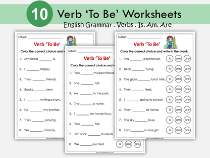 Verb To Be (is, am, are) Worksheets, Being Verb Printable, Kindergarten, Grade 1, Curriculum, Subject Verb Agreement, Grammar, Homeschool, WWF248