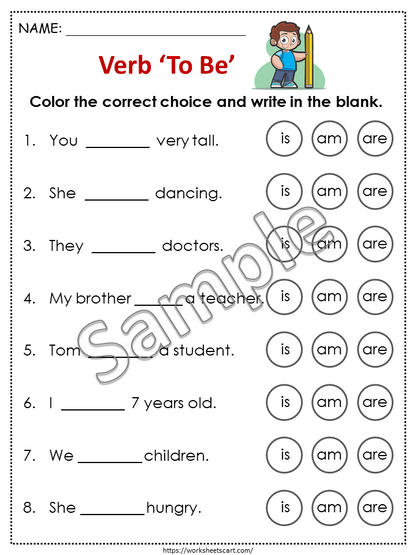 Verb To Be (is, am, are) Worksheets, Being Verb Printable, Kindergarten, Grade 1, Curriculum, Subject Verb Agreement, Grammar, Homeschool, WWF248