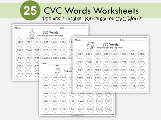 CVC Words Worksheets, Phonics Printable, I Spy CVC Words Activity, Dab or Color Activity, Kindergarten CVC Words Find & Color, Word Search, WWF250