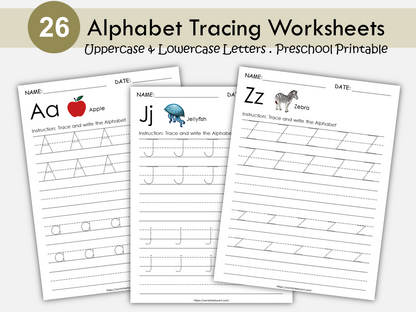 26 Printable Alphabet Worksheets, Upper Case and Lower Case Tracing, Preschool Worksheets, ABC Trace Worksheet, A to Z Letter Practice Pages, WWF251