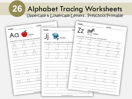 26 Printable Alphabet Worksheets, Upper Case and Lower Case Tracing, Preschool Worksheets, ABC Trace Worksheet, A to Z Letter Practice Pages, WWF251