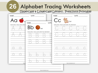 26 Printable Alphabet Worksheets, Upper Case and Lower Case Tracing, Preschool Worksheets, ABC Trace Worksheet, A to Z Letter Practice Pages, WWF251