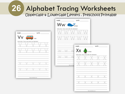 26 Printable Alphabet Worksheets, Upper Case and Lower Case Tracing, Preschool Worksheets, ABC Trace Worksheet, A to Z Letter Practice Pages, WWF251