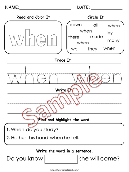 300 Sight Words Worksheets, Kindergarten-1st Grade Handwriting and Spelling Activity, Sight Words, Learn to Read, Fry 1, 2, and 3 Hundred, WWF254