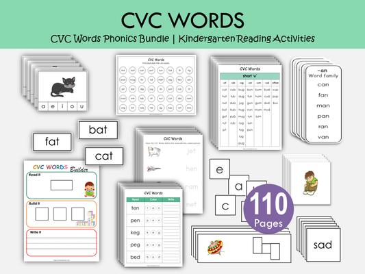 CVC Words Phonics Bundle Printable | 110 Kindergarten Reading Activities, Short Vowel Worksheets & Word Family Games, WWF256