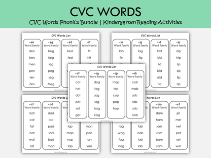 CVC Words Phonics Bundle Printable | 110 Kindergarten Reading Activities, Short Vowel Worksheets & Word Family Games, WWF256