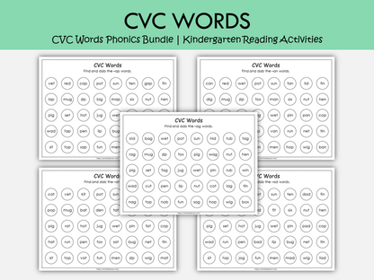 CVC Words Phonics Bundle Printable | 110 Kindergarten Reading Activities, Short Vowel Worksheets & Word Family Games, WWF256