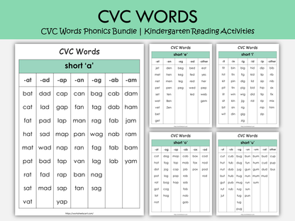 CVC Words Phonics Bundle Printable | 110 Kindergarten Reading Activities, Short Vowel Worksheets & Word Family Games, WWF256