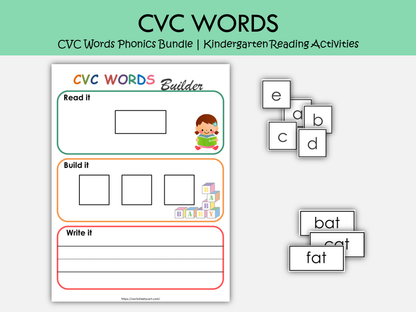CVC Words Phonics Bundle Printable | 110 Kindergarten Reading Activities, Short Vowel Worksheets & Word Family Games, WWF256