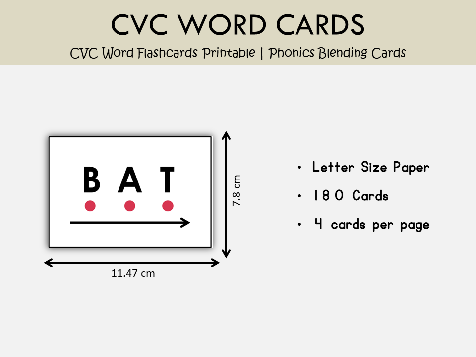 180 CVC Word Flashcards Printable | Phonics Blending Cards | Uppercase Dot & Arrow Reading Direction | Kindergarten Preschool Early Literacy, WWF260
