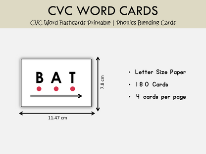 180 CVC Word Flashcards Printable | Phonics Blending Cards | Uppercase Dot & Arrow Reading Direction | Kindergarten Preschool Early Literacy, WWF260
