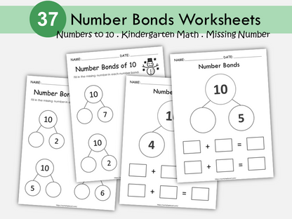 Numbers Bonds Printable, Number Bonds Worksheets, Kindergarten Math, Missing Addends to 10, Ways to Make 10, Splitting, Decomposing Numbers, WWF262