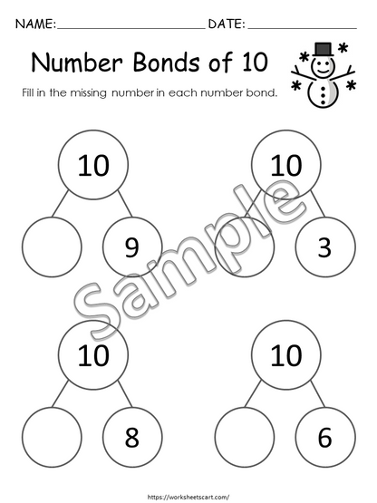 Numbers Bonds Printable, Number Bonds Worksheets, Kindergarten Math, Missing Addends to 10, Ways to Make 10, Splitting, Decomposing Numbers, WWF262