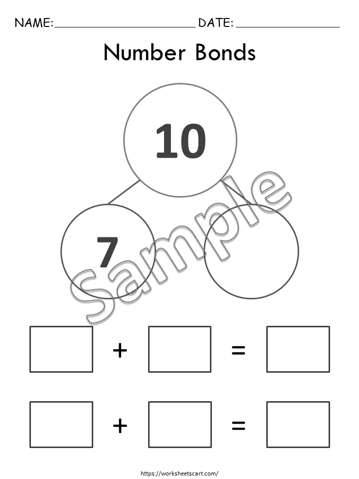 Numbers Bonds Printable, Number Bonds Worksheets, Kindergarten Math, Missing Addends to 10, Ways to Make 10, Splitting, Decomposing Numbers, WWF262