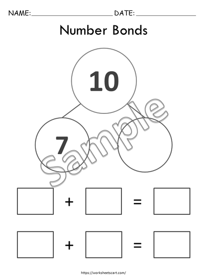 Numbers Bonds Printable, Number Bonds Worksheets, Kindergarten Math, Missing Addends to 10, Ways to Make 10, Splitting, Decomposing Numbers, WWF262