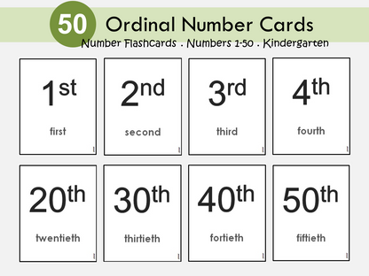 Ordinal Numbers, Numbers 1-50 Flashcards, Number Flash Card Printable, Learning Numbers, Positional Words, Kindergarten, Homeschool, WWF264