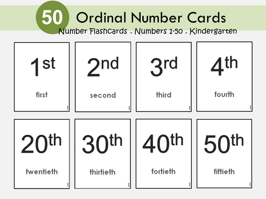 Ordinal Numbers, Numbers 1-50 Flashcards, Number Flash Card Printable, Learning Numbers, Positional Words, Kindergarten, Homeschool, WWF264