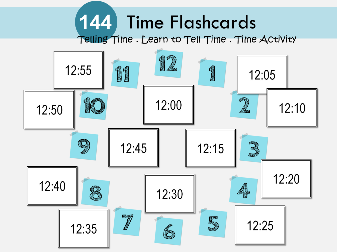 Telling Time to the Hour, Half Hour, Minutes Flashcards, Math Activity, Kindergarten, First Grade, Learn to Tell The Time, Homeschool, WWF265