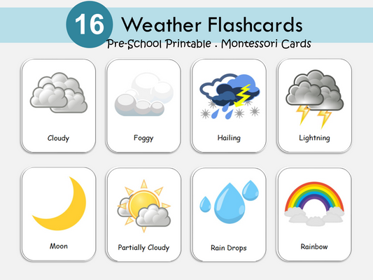 Weather Flashcards, Weather Clipart, Weather Chart, Homeschool Montessori Materials, Toddler Flash Cards, Weather Cards, Digital, WWF269