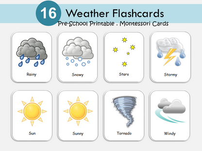 Weather Flashcards, Weather Clipart, Weather Chart, Homeschool Montessori Materials, Toddler Flash Cards, Weather Cards, Digital, WWF269