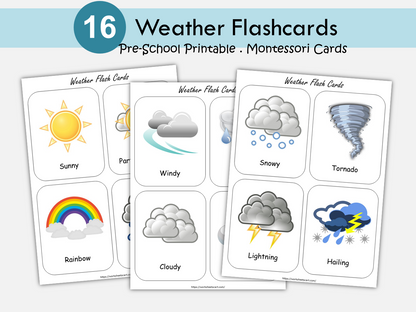 Weather Flashcards, Weather Clipart, Weather Chart, Homeschool Montessori Materials, Toddler Flash Cards, Weather Cards, Digital, WWF269