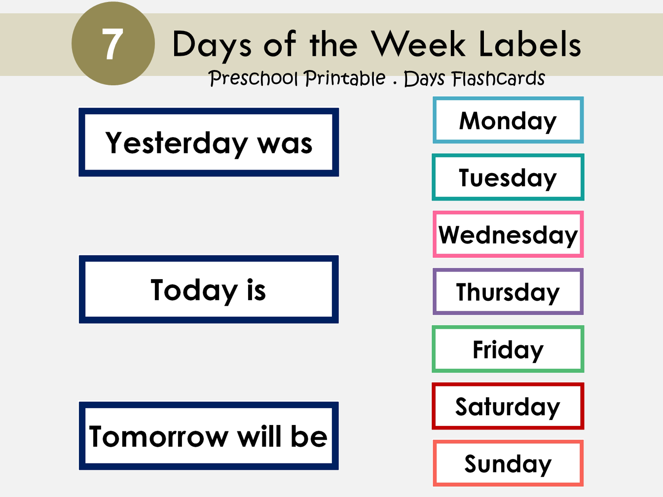 Days of the Week Labels, Days of the Week Printable, Days of the Week Flashcards, Bulletin Board, Montessori, Kindergarten, Preschool, WWF271