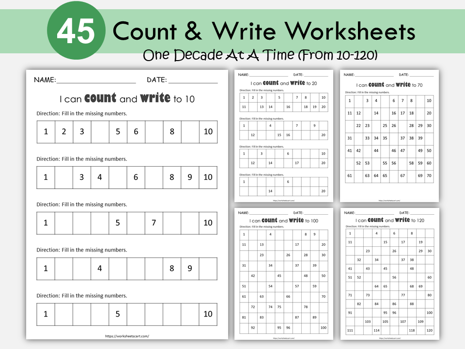 Missing Numbers Worksheets 1-120, Preschool, Kindergarten, Grade 1 Curriculum, Learn to Count 1-100, Math Counting Practice, Number Sense, WWF274