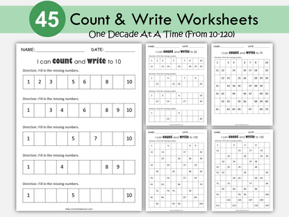 Missing Numbers Worksheets 1-120, Preschool, Kindergarten, Grade 1 Curriculum, Learn to Count 1-100, Math Counting Practice, Number Sense, WWF274