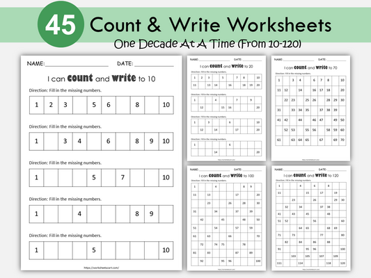 Missing Numbers Worksheets 1-120, Preschool, Kindergarten, Grade 1 Curriculum, Learn to Count 1-100, Math Counting Practice, Number Sense, WWF274