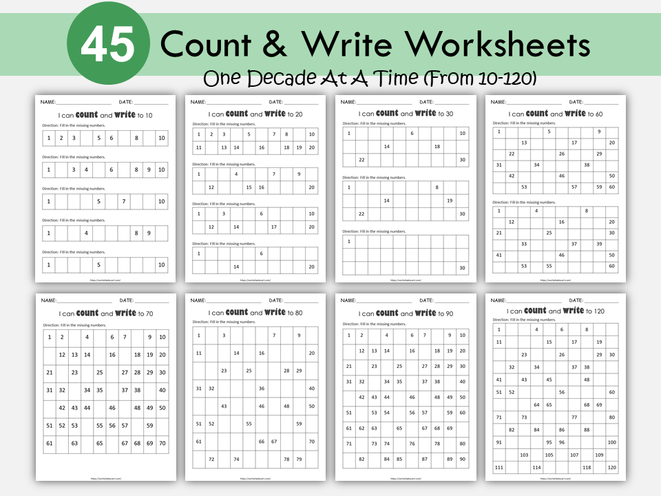 Missing Numbers Worksheets 1-120, Preschool, Kindergarten, Grade 1 Curriculum, Learn to Count 1-100, Math Counting Practice, Number Sense, WWF274