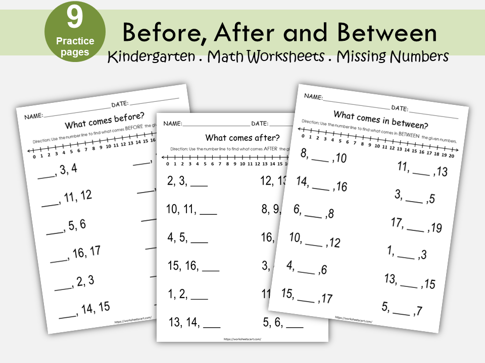 Math Worksheets for Kindergarten, Numbers Before, After & Between (1-20), Number Sequence Printable, Number Order, Number Line, Grade 1, WWF275