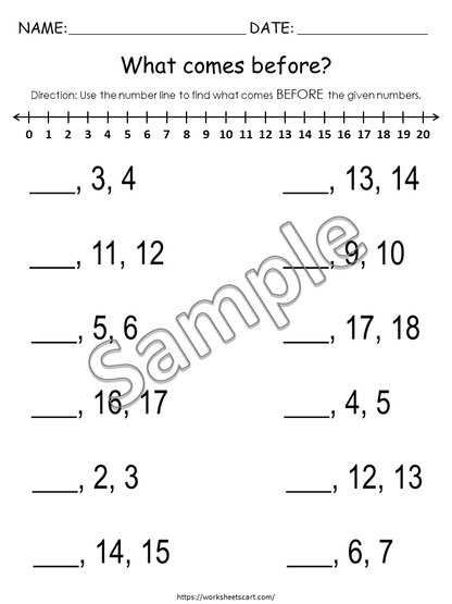 Math Worksheets for Kindergarten, Numbers Before, After & Between (1-20), Number Sequence Printable, Number Order, Number Line, Grade 1, WWF275