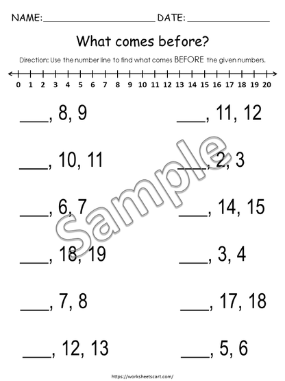 Math Worksheets for Kindergarten, Numbers Before, After & Between (1-20), Number Sequence Printable, Number Order, Number Line, Grade 1, WWF275