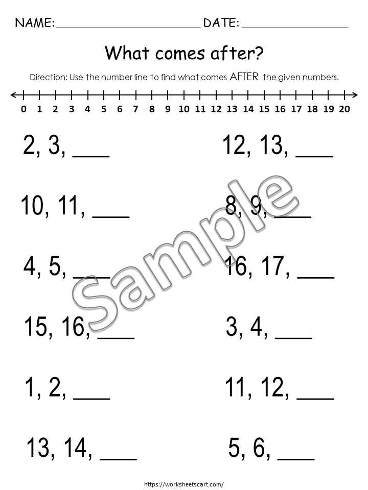 Math Worksheets for Kindergarten, Numbers Before, After & Between (1-20), Number Sequence Printable, Number Order, Number Line, Grade 1, WWF275