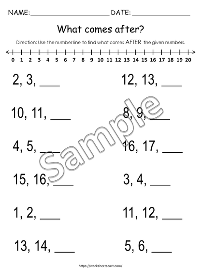 Math Worksheets for Kindergarten, Numbers Before, After & Between (1-20), Number Sequence Printable, Number Order, Number Line, Grade 1, WWF275