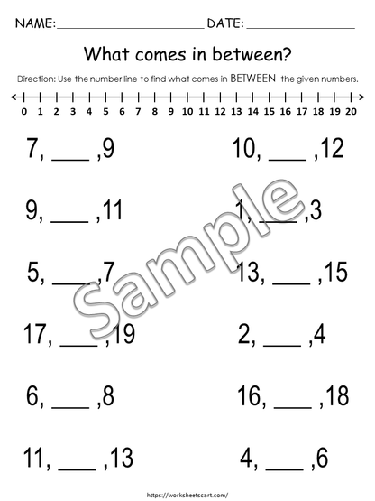 Math Worksheets for Kindergarten, Numbers Before, After & Between (1-20), Number Sequence Printable, Number Order, Number Line, Grade 1, WWF275